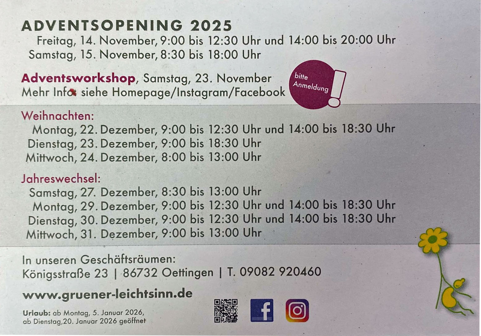 Öffnungszeiten vor dem Jahreswechsel 2025 bei Grüner leicht SINN in Oettingen